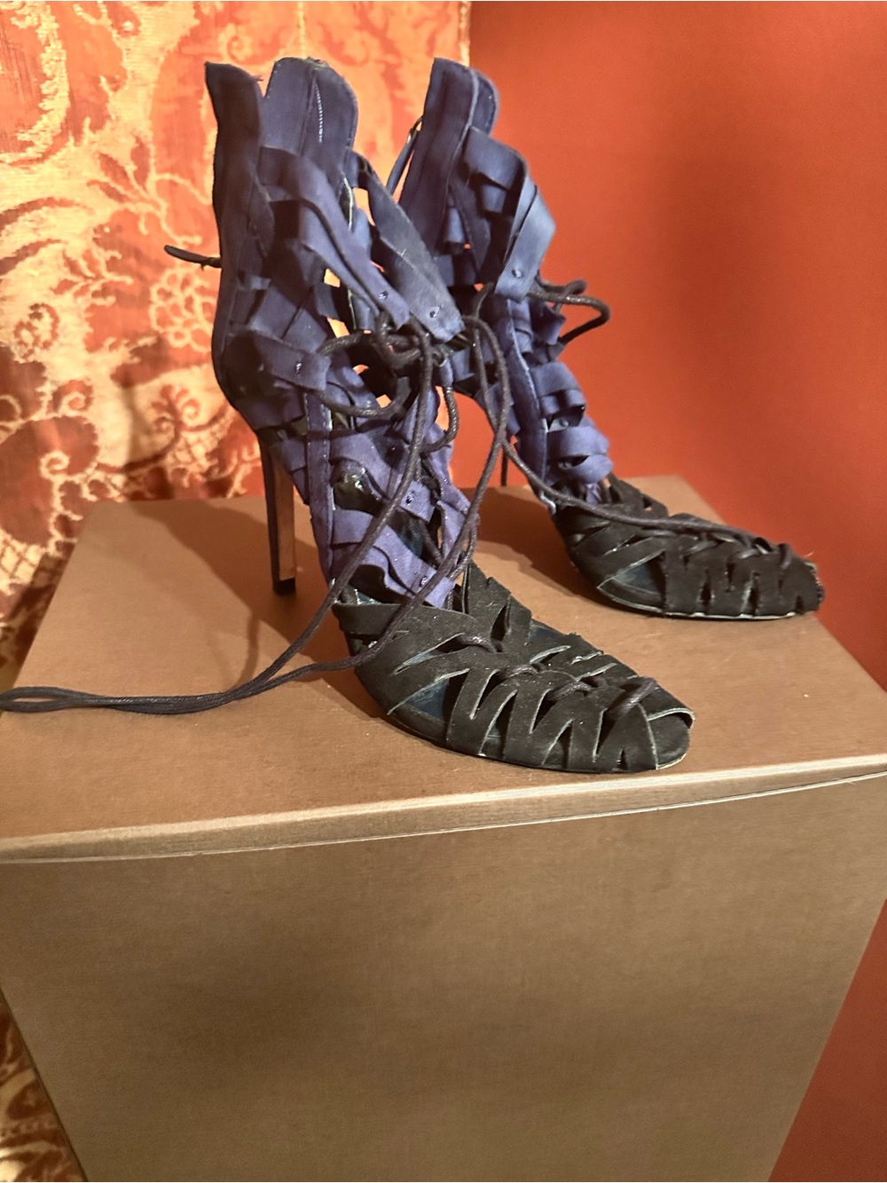 Zara Two-Tone Lace-Up Strappy High Heels - Navy & Black - Picture 4 of 6